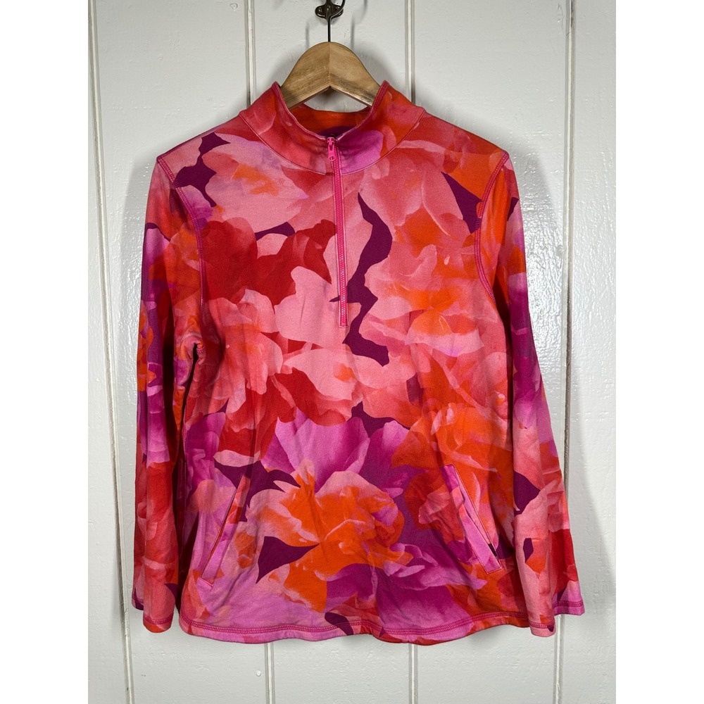 T by Talbots Pullover Women M Pink Floral Quarter Zip Mock Neck Activewear Top
